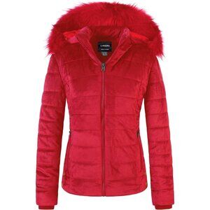 Women's Red Velvet Puffer Jackets Coat Faux Fur Lining Winter Removable Hood